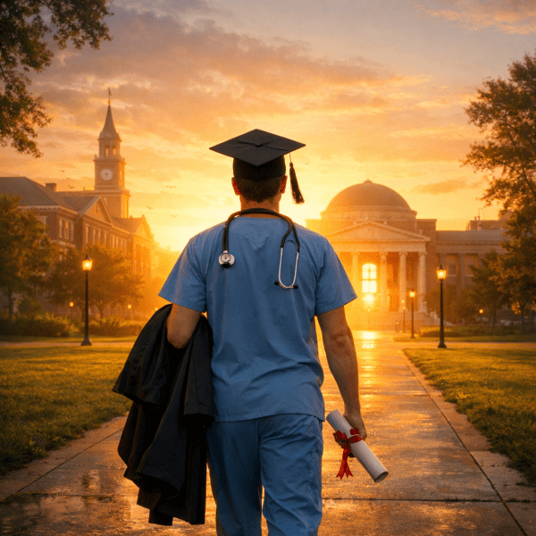 Graduate in scrubs and cap holding diploma walking on campus path at sunset