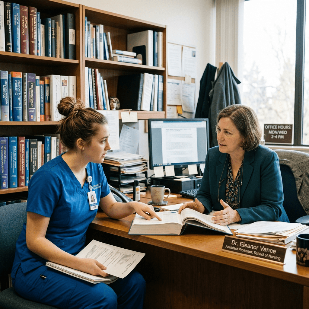 Nursing student and professor discussing a textbook in an office