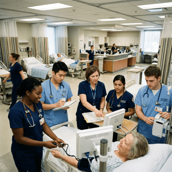 Nursing students and instructor checking vital signs of a patient in hospital setting