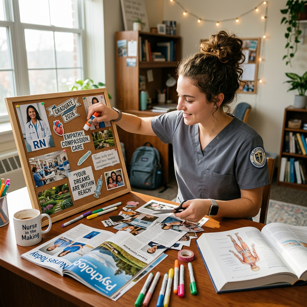 Nursing student working on a vision board with nursing photos, quotes, and symbols
