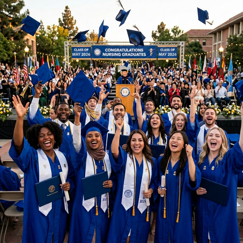 Group of nursing graduates in blue gowns tossing caps and holding diplomas at outdoor ceremony