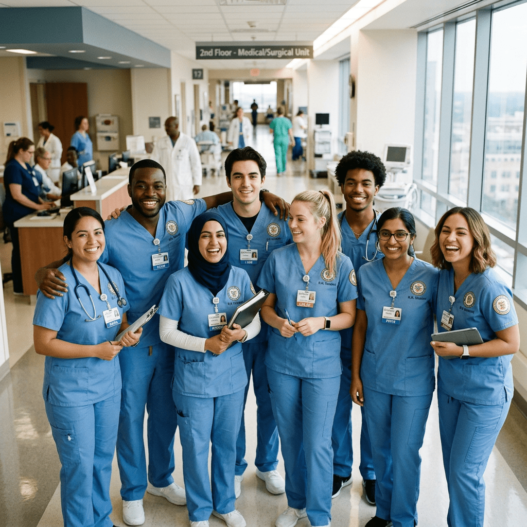 Group of diverse nurses standing together in hospital hallway smiling
