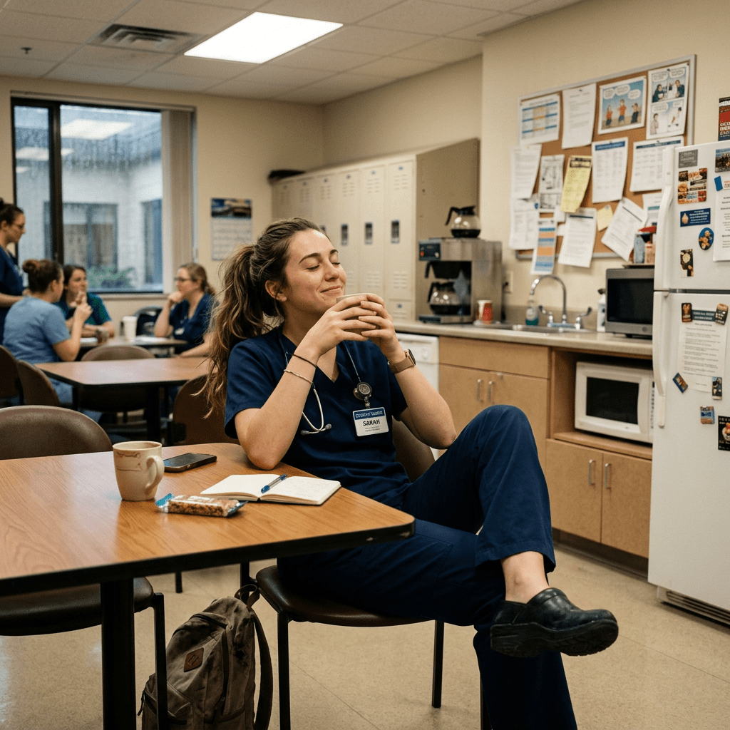 Nurse in scrubs sitting in a break room drinking coffee with eyes closed and relaxed