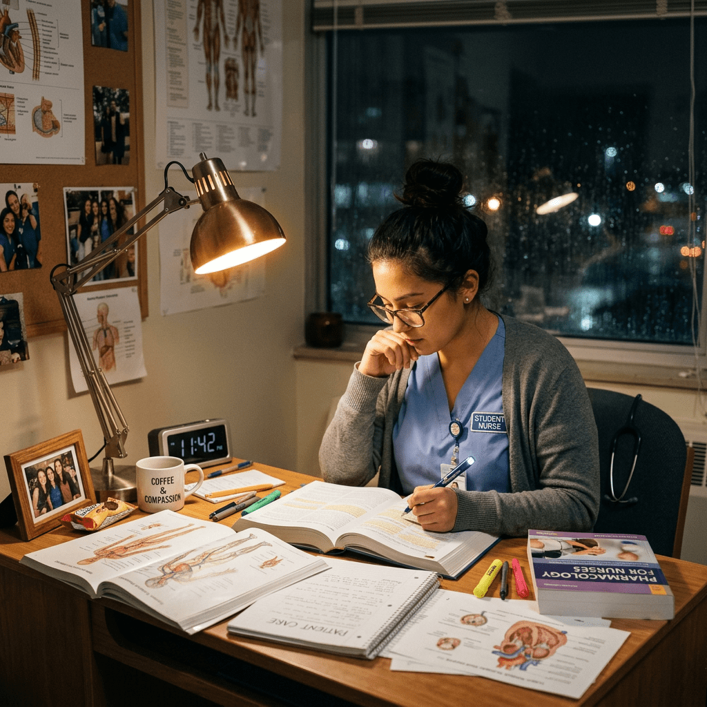 Student nurse in scrubs studying anatomy and pharmacology books at a desk with lamp and notes