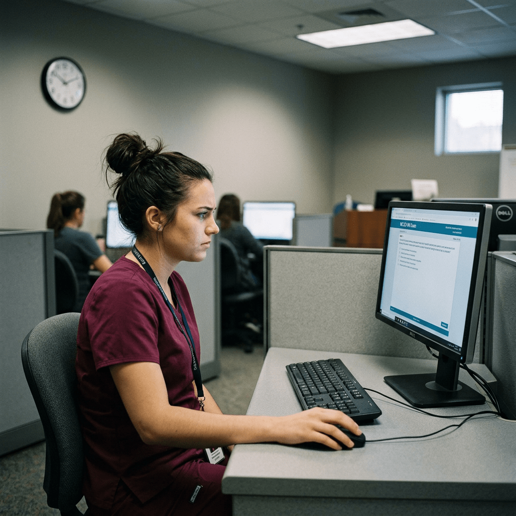 Healthcare worker taking ICD-10 exam on computer in office cubicle