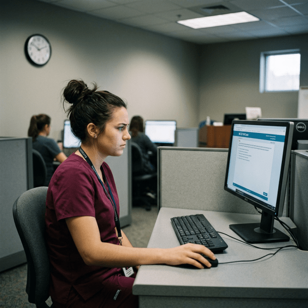 Healthcare worker taking ICD-10 exam on computer in office cubicle