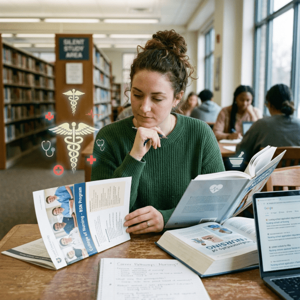 Student reading nursing brochures and textbooks in library