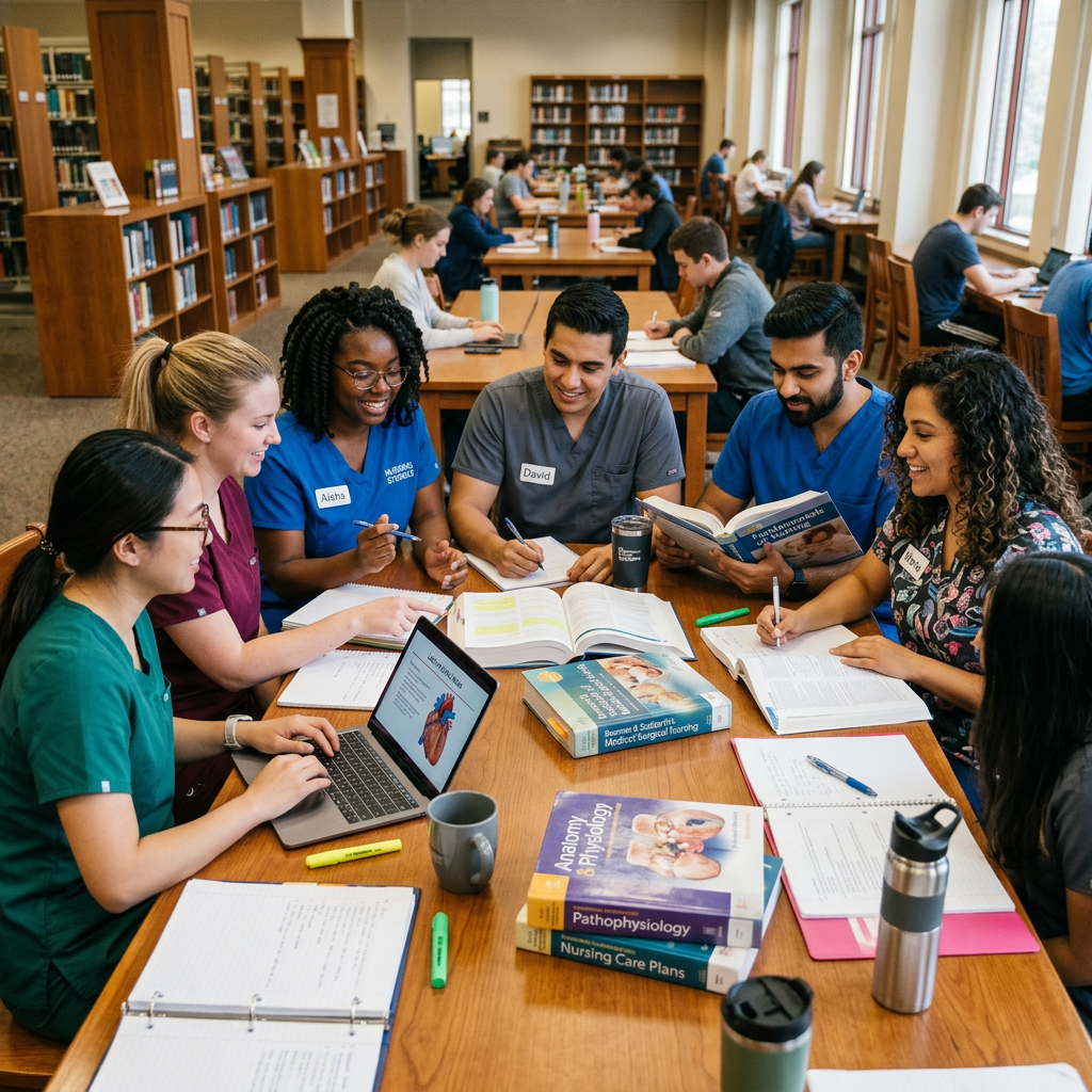 Group of nursing students studying anatomy and pathophysiology together at a library table