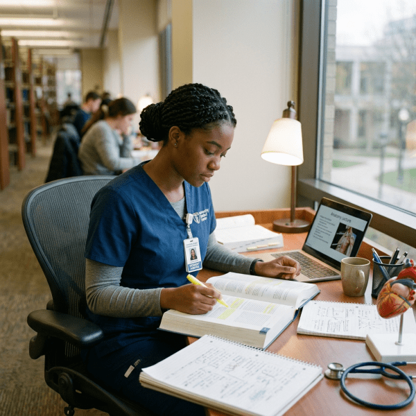 Medical student in scrubs studying anatomy book at library desk