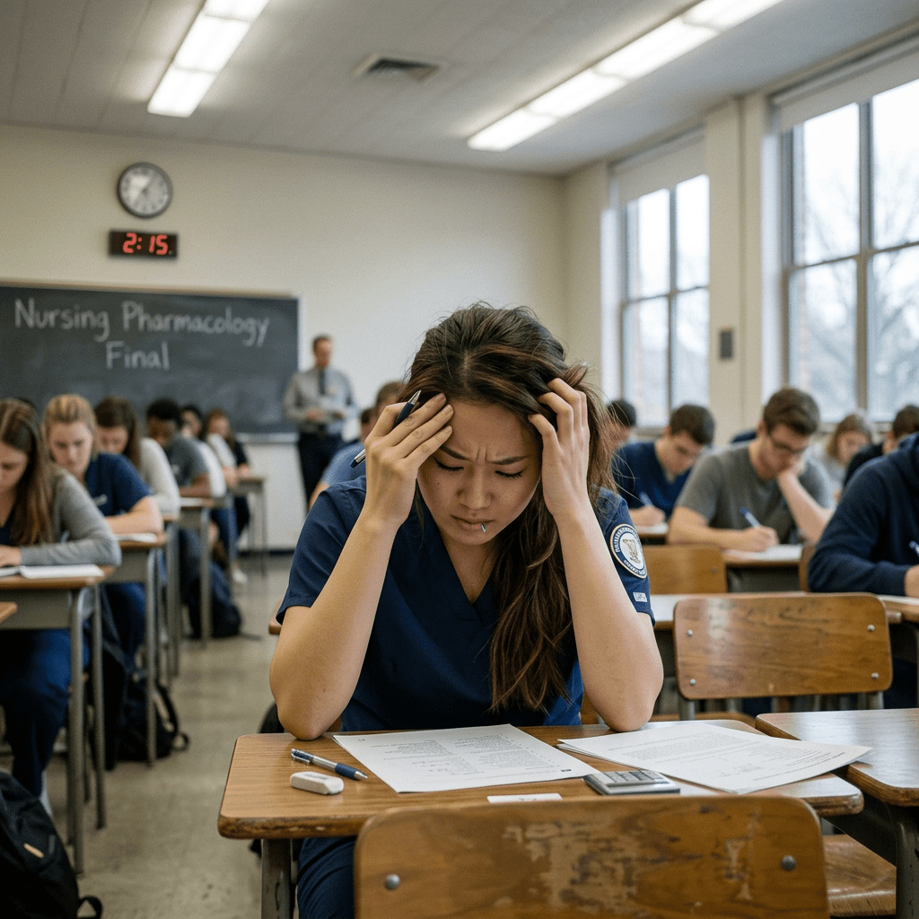 Nursing student stressed during pharmacology final exam in classroom