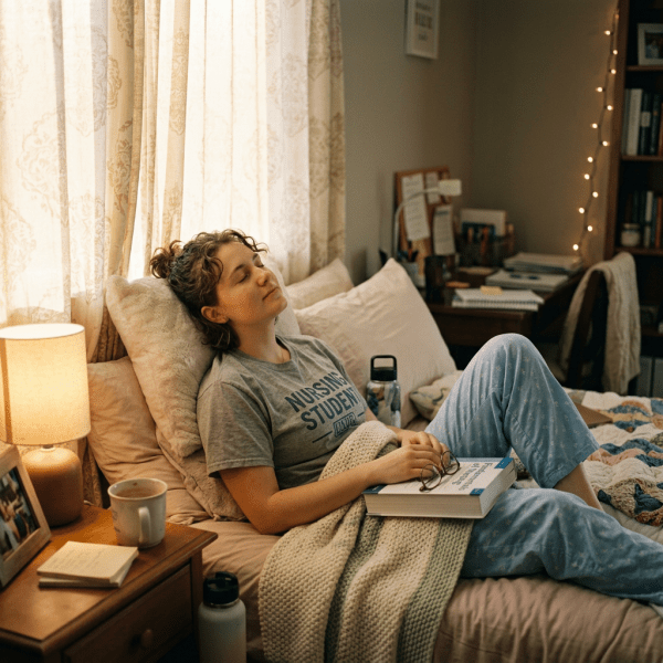 Nursing student resting on bed with book and blanket