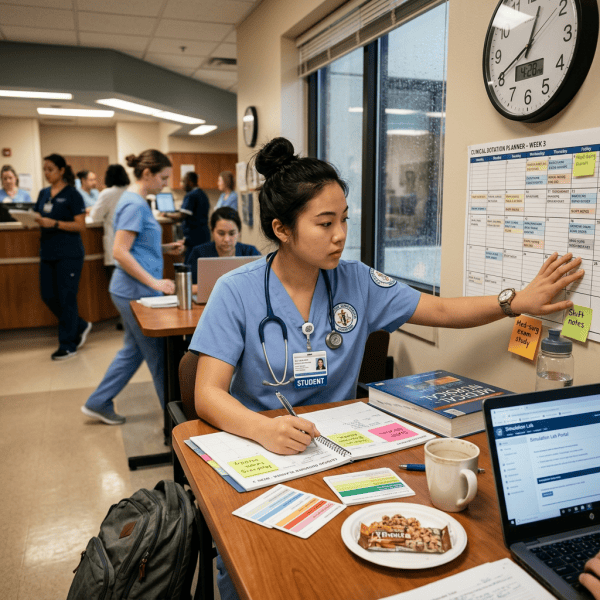 Nursing student reviewing a clinical rotation schedule at her desk