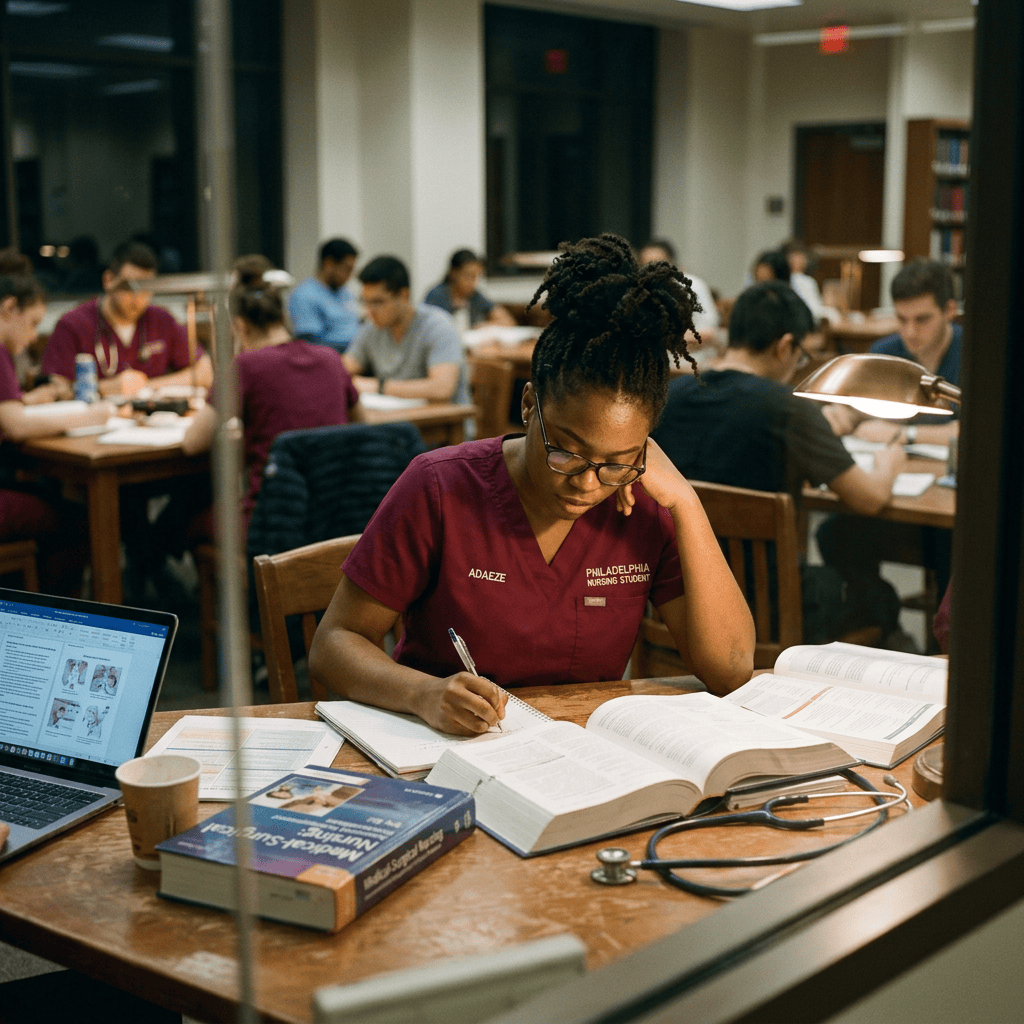 Nursing student in scrubs studying with textbooks and stethoscope